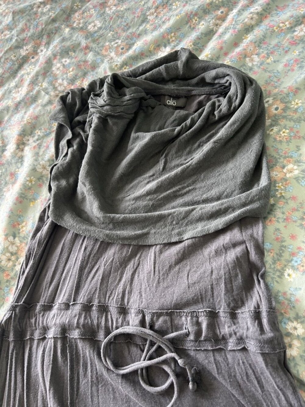 Alo Yoga Charcoal Grey Draped Cowl Neck Or Hooded Drawstring Dress Size XL